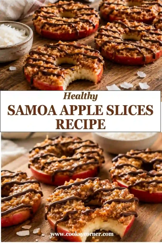 Healthy Samoa Apple Slices made with crisp apples, shredded coconut, almond butter, maple syrup, and dairy-free chocolate.