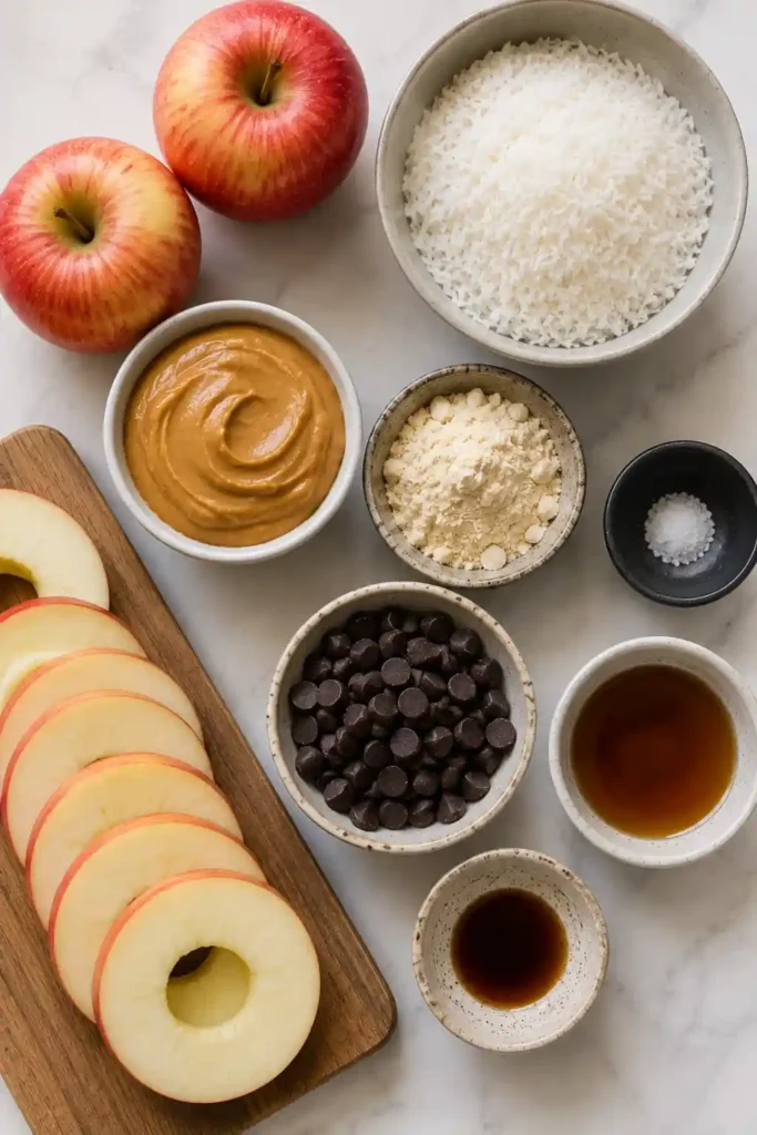 Samoa-inspired apple slices garnished with chocolate drizzle and coconut for a healthy sweet snack.