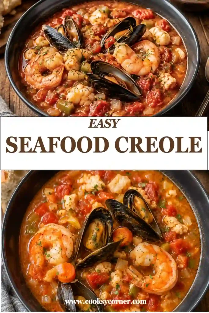 A bowl of Seafood Creole filled with shrimp, scallops, haddock, and rich tomato sauce served over white rice. The colorful Southern seafood dish is garnished with fresh parsley