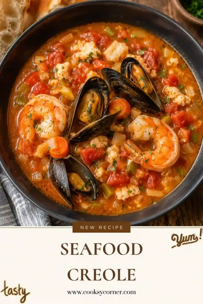 A comforting bowl of Creole seafood stew with shrimp, fish, and scallops served alongside steamed rice and lemon wedges. Perfect for a cozy family meal.