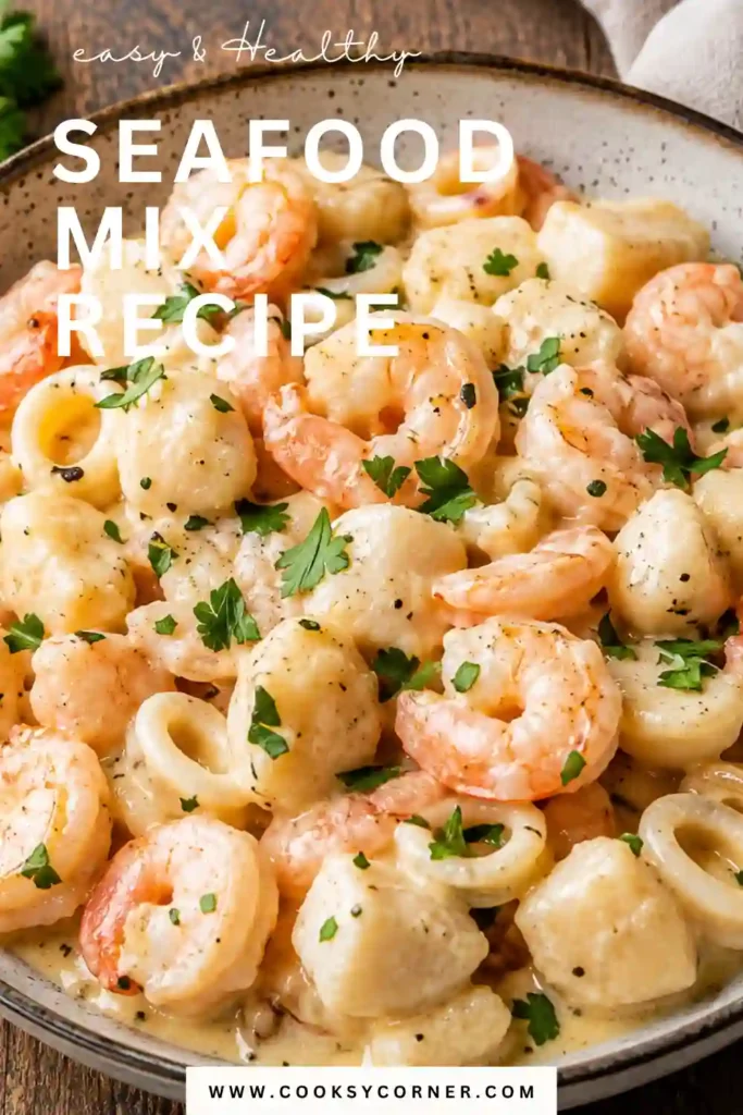 Close-up of mixed seafood in a creamy garlic sauce with grated Parmesan and chopped parsley. A quick seafood dinner made in one skillet.