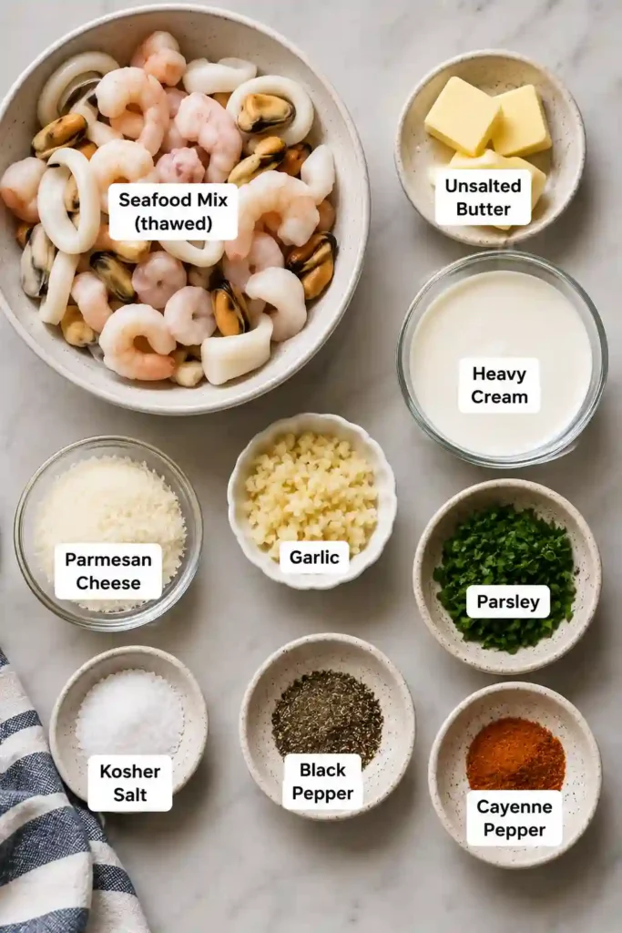A skillet of creamy seafood with shrimp, squid, mussels, and scallops in a rich garlic Parmesan sauce. Fresh parsley adds a vibrant finishing touch.