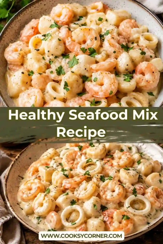 A creamy Seafood Mix Recipe featuring shrimp, mussels, squid, and scallops cooked in a rich garlic Parmesan sauce and garnished with fresh parsley. This quick seafood skillet is perfect for a comforting dinner.