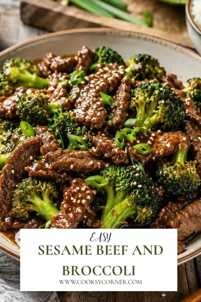 Asian-inspired Sesame Beef and Broccoli featuring juicy flank steak, crisp broccoli, and a sweet savory sesame sauce served over warm rice for an easy family dinner.