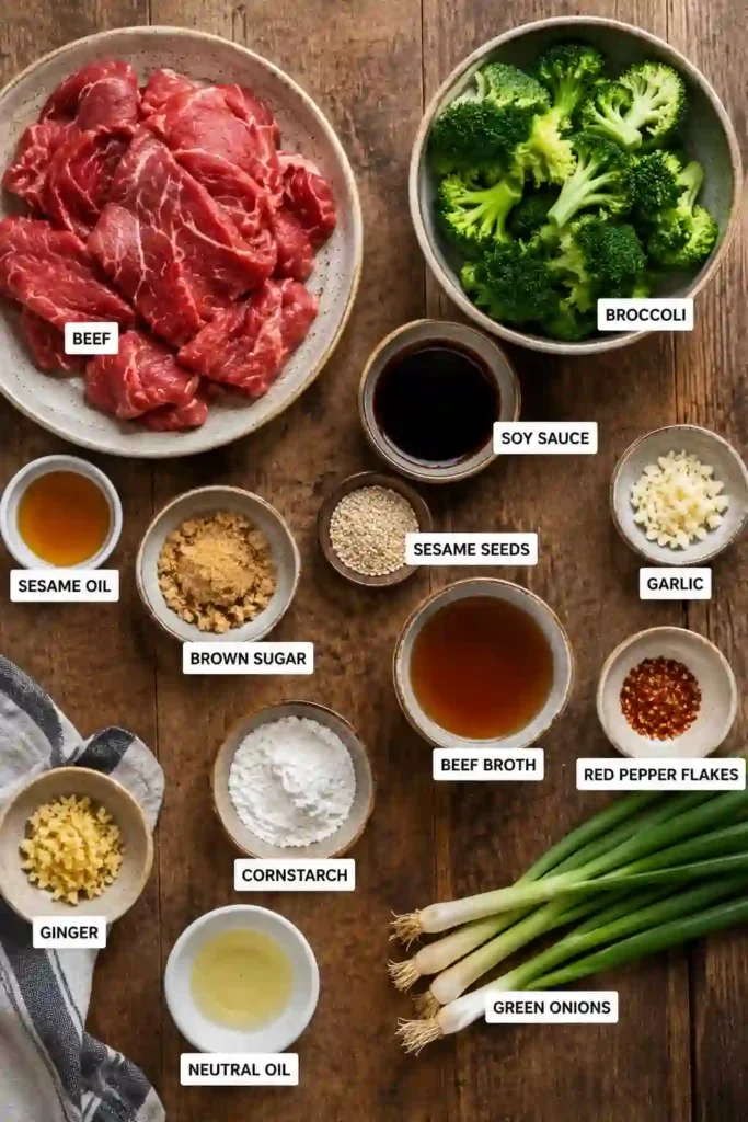 A bowl of Sesame Beef and Broccoli served over steamed white rice with sesame seeds and fresh green onions. Tender flank steak and crisp broccoli are coated in a glossy homemade sesame sauce.