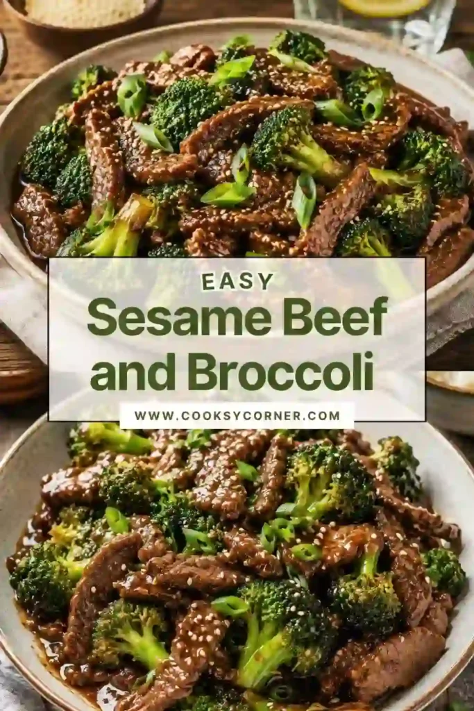 Close-up of homemade Sesame Beef and Broccoli with perfectly seared beef strips, bright broccoli florets, and a rich savory sesame glaze. This easy beef and broccoli stir fry makes a delicious weeknight dinner.