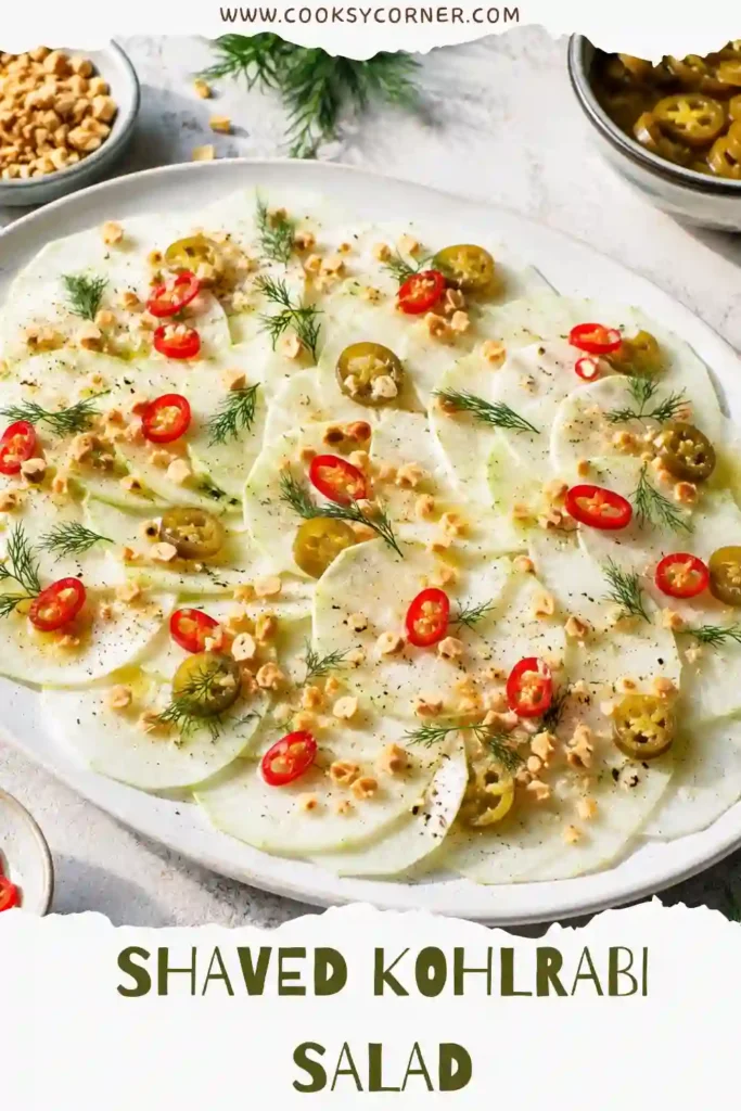 Healthy Shaved Kohlrabi Salad featuring crunchy vegetables, spicy pickled jalapeños, aromatic dill, and a creamy yogurt dressing. A refreshing vegetarian side dish with beautiful texture.