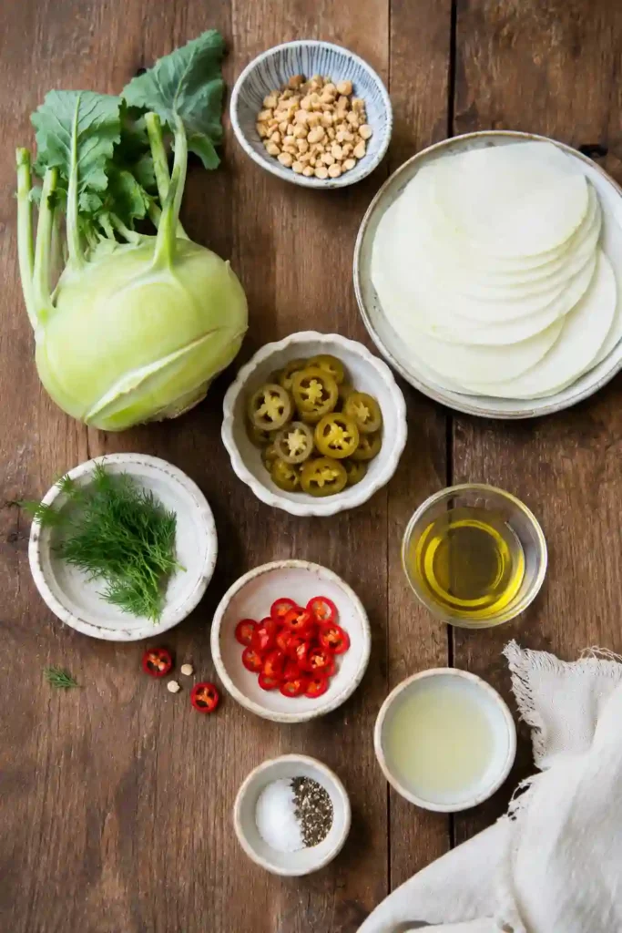 A colorful bowl of Shaved Kohlrabi Salad garnished with sliced chili, dill, crushed peanuts, and creamy yogurt dressing. This easy vegetable salad is fresh, crisp, and full of flavor.