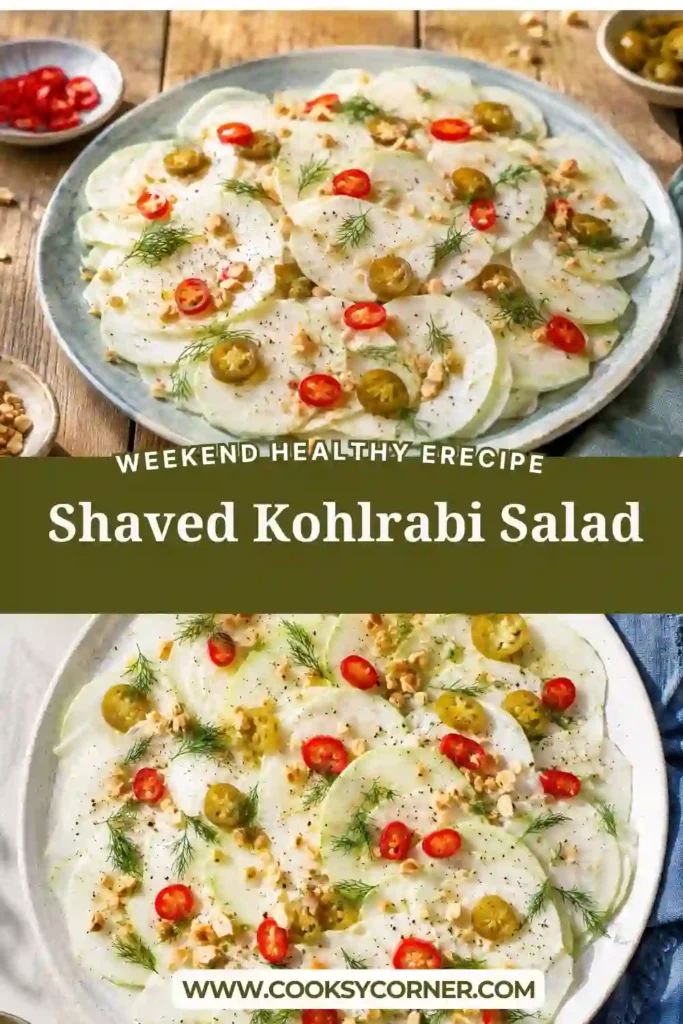 Thinly shaved kohlrabi tossed in a creamy yogurt dressing with tangy pickled jalapeños and finished with crunchy peanuts and fresh dill. This vibrant salad is served on a large platter.