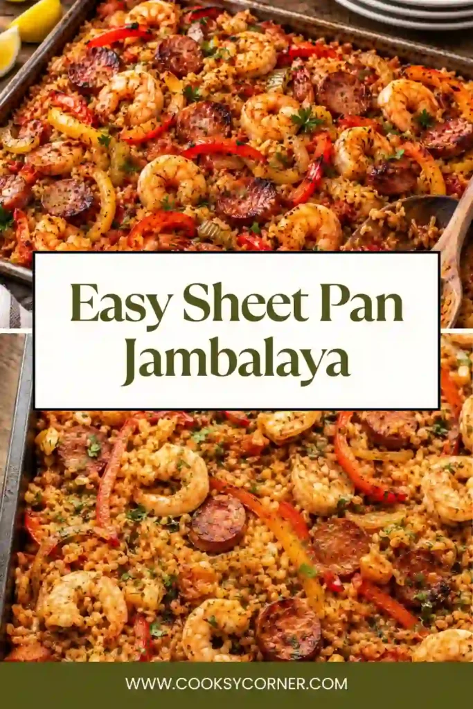 Healthy Sheet Pan Jambalaya made with shrimp, beef sausage, cauliflower rice, and roasted vegetables. This easy sheet pan dinner is colorful, hearty, and packed with Cajun seasoning.