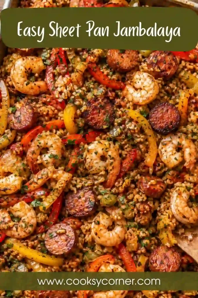 A sheet pan filled with Cajun-style shrimp, sliced beef sausage, roasted peppers, onions, and cauliflower rice. Fresh parsley and lemon wedges finish this colorful Sheet Pan Jambalaya.
