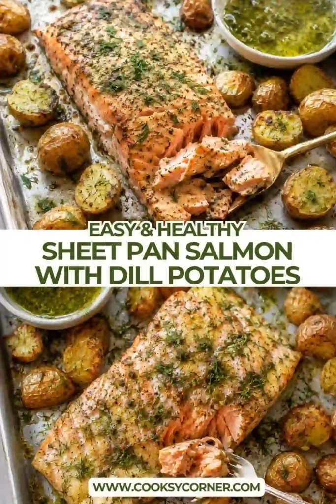 Roasted salmon served with crispy Yukon Gold potatoes tossed in garlic butter and fresh dill. A simple one pan salmon meal perfect for weeknight dinners.