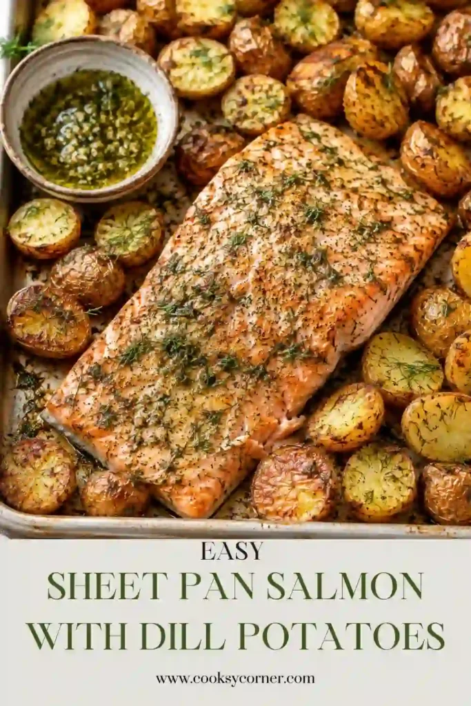 A sheet pan filled with flaky Dijon-coated salmon and golden garlic dill potatoes fresh from the oven. This easy sheet pan salmon recipe makes a delicious family dinner.