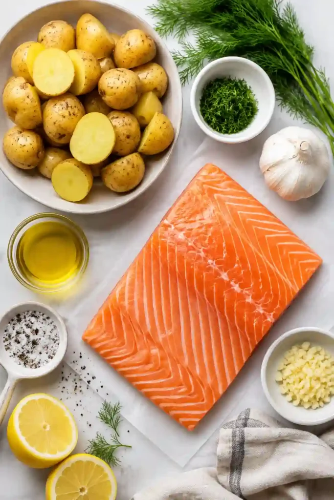 Golden roasted baby potatoes paired with tender baked salmon covered in a creamy Dijon topping. This healthy salmon recipe is both comforting and easy to make.