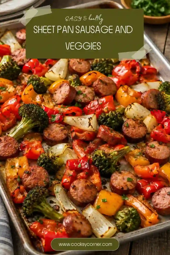 Golden roasted turkey sausage with broccoli, peppers, and onions arranged on a sheet pan. This healthy sheet pan dinner is simple, flavorful, and easy to prepare.