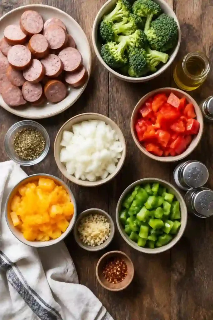 Close-up of Sheet Pan Sausage and Veggies served hot from the oven with tender roasted vegetables and juicy turkey sausage. A wholesome one-pan recipe for busy families.