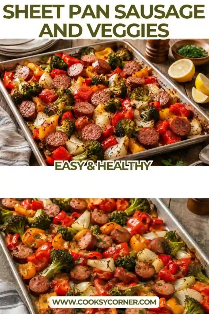 A freshly baked Sheet Pan Sausage and Veggies recipe featuring sliced turkey sausage, roasted broccoli, sweet peppers, and onions. This one-pan meal is colorful, hearty, and perfect for weeknight dinners.