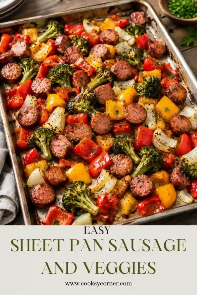 Sheet Pan Sausage and Veggies freshly roasted on a baking sheet with turkey sausage, broccoli, colorful bell peppers, and red onions. The vegetables are caramelized and perfectly seasoned for an easy family dinner.