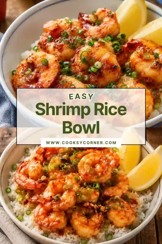Easy Shrimp Rice Bowl featuring juicy garlic butter shrimp served over steamed rice with soy sauce and fresh herbs. Perfect for weeknight meals.