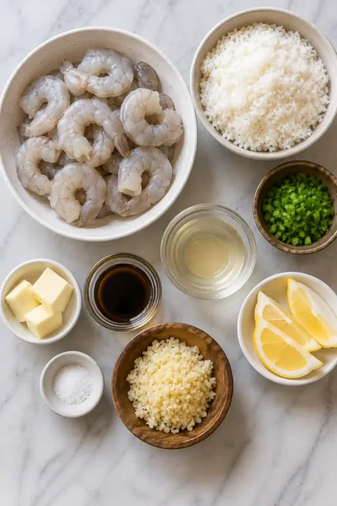 Tender shrimp glazed in garlic butter served over rice and garnished with scallions and lemon. A delicious homemade shrimp and rice recipe.