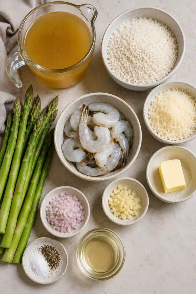 Simple Shrimp and Asparagus Risotto featuring tender shrimp, fresh green asparagus, creamy Parmesan rice, and a touch of lemon. The alcohol-free seafood risotto has a rich, glossy texture.