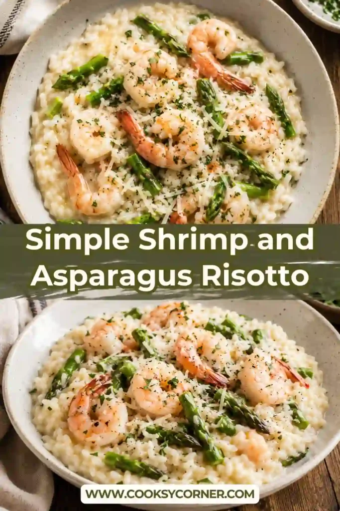 Creamy shrimp and asparagus risotto made with arborio rice, garlic, Parmesan, and warm chicken broth. Tender jumbo shrimp and fresh asparagus create a colorful Italian-inspired dinner.