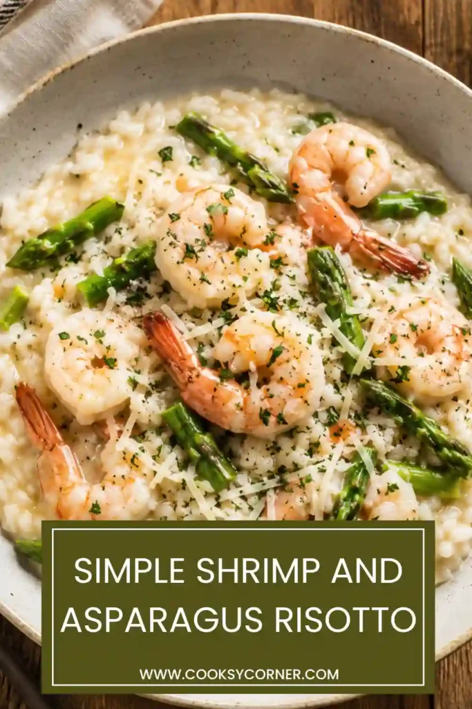 Simple Shrimp and Asparagus Risotto with creamy arborio rice, jumbo shrimp, tender asparagus, and freshly grated Parmesan. The risotto has a silky texture with bright green asparagus and pink shrimp.