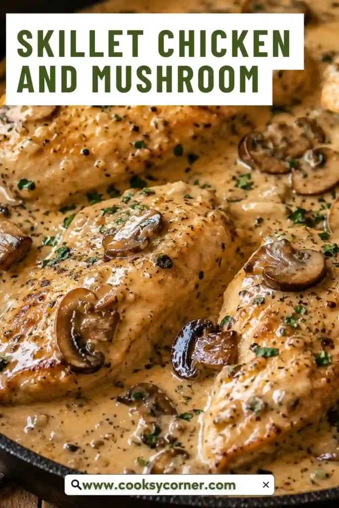 Easy chicken mushroom skillet featuring pan-seared chicken breasts, browned mushrooms, and creamy herb sauce. Fresh parsley adds color to the finished chicken dinner.