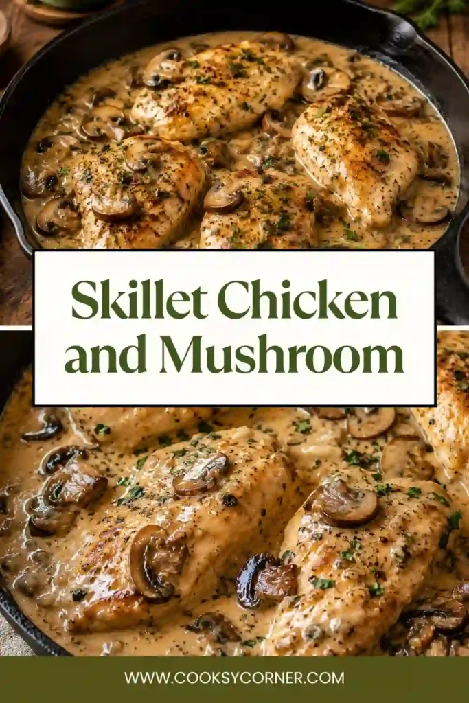 Creamy chicken and mushrooms served in a skillet with a rich garlic, Dijon, and thyme sauce. The chicken is golden brown and surrounded by tender sautéed mushrooms.