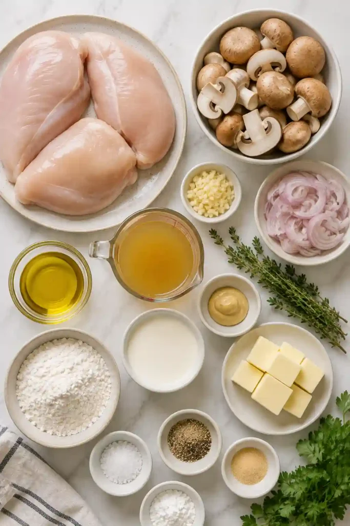 One pan chicken and mushrooms with tender chicken cutlets simmered in creamy mushroom sauce. The finished dish is garnished with fresh thyme and parsley.
