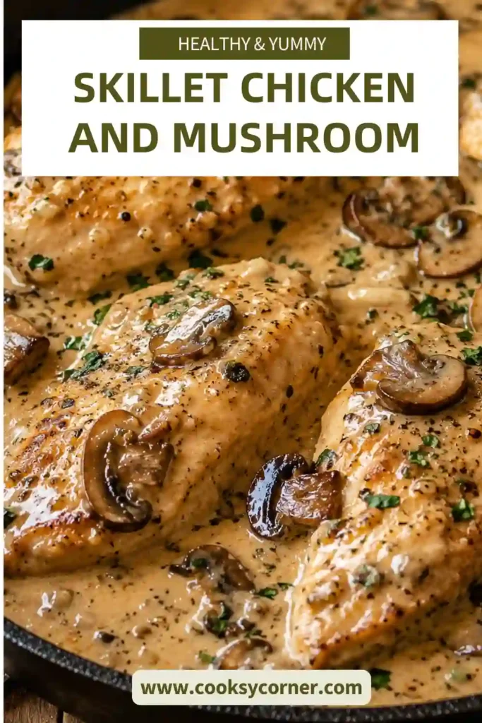 Skillet Chicken and Mushroom with golden chicken cutlets and sliced mushrooms in a creamy garlic sauce. Fresh thyme and parsley finish this comforting one-pan chicken dinner.