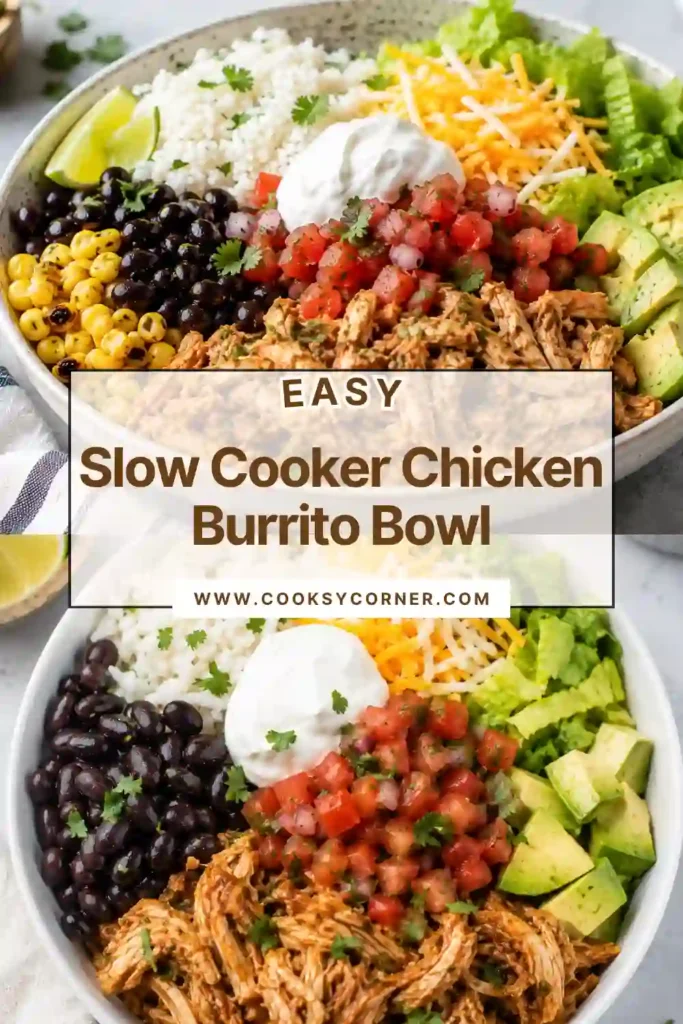 Homemade Slow Cooker Chicken Burrito Bowl with juicy shredded chicken, rice, corn, black beans, avocado, cilantro, and lime. This easy Mexican chicken rice bowl is colorful and satisfying.