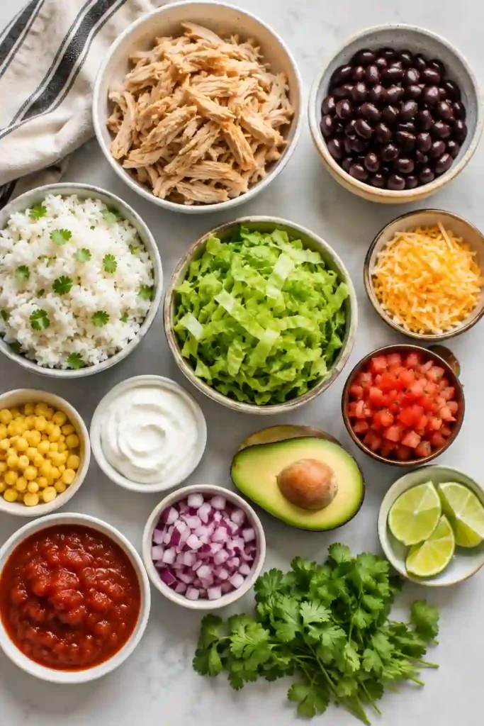 Meal prep burrito bowl featuring tender shredded chicken with rice, black beans, corn, diced avocado, cilantro, and lime. The colorful ingredients create a fresh Mexican-inspired chicken bowl.