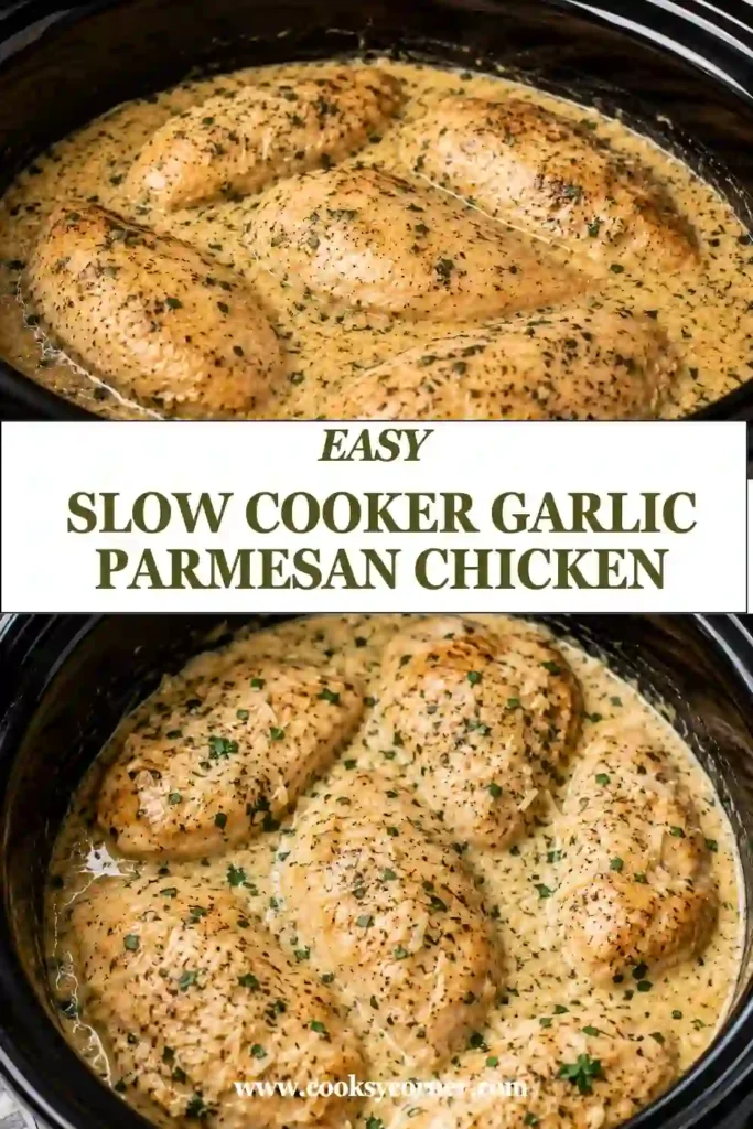 Crockpot garlic parmesan chicken with tender shredded chicken in a creamy Parmesan sauce. Fresh garlic, Italian seasoning, and Parmesan give this slow cooker chicken recipe rich flavor.