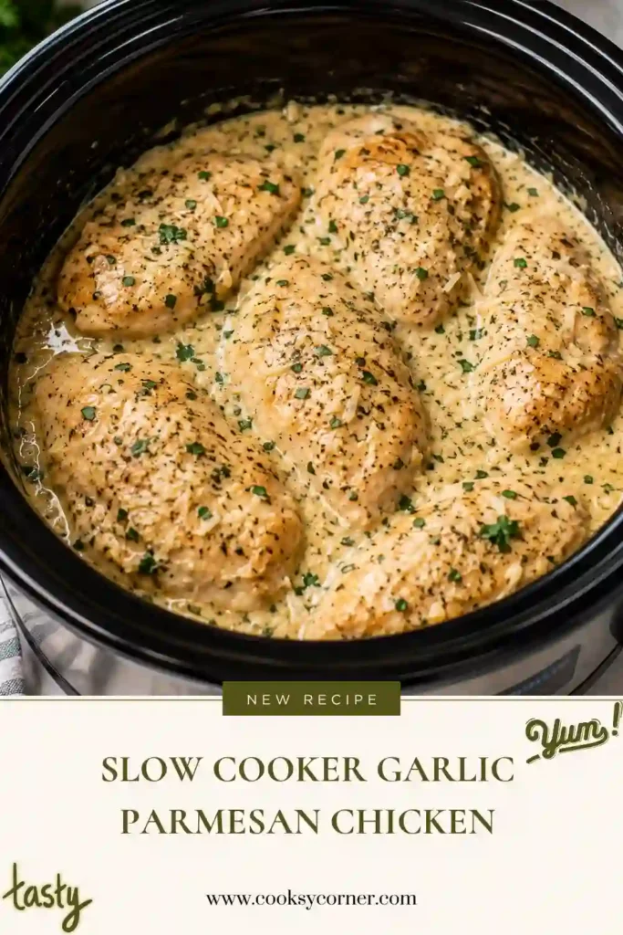 Easy Slow Cooker Garlic Parmesan Chicken served warm with a creamy cheese sauce and fresh herbs. This comforting crockpot chicken features garlic, Parmesan, cream, and Italian seasoning.