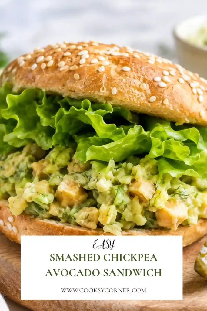 2. Fresh chickpea avocado sandwich filled with mashed chickpeas, creamy avocado, crunchy celery, and tangy dill pickles. Whole grain bread and leafy greens complete this easy lunch sandwich.