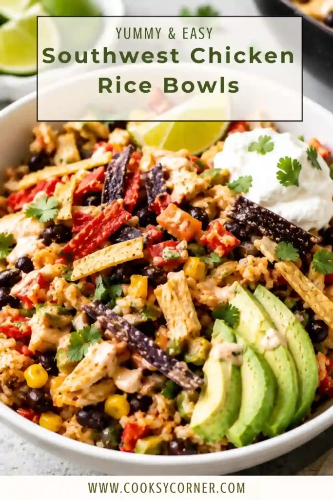 A healthy chicken rice bowl featuring juicy chicken, fluffy rice, roasted peppers, corn, black beans, and fresh cilantro in a rustic serving bowl. Finished with creamy avocado and lime for extra freshness.