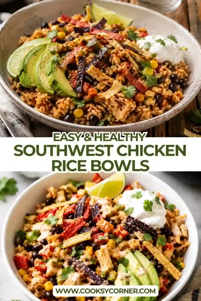 Fresh Southwest Chicken Rice Bowls served with avocado, tortilla strips, cilantro, and lime for a complete Mexican-inspired dinner. Every bite is loaded with protein, vegetables, and bold seasoning.