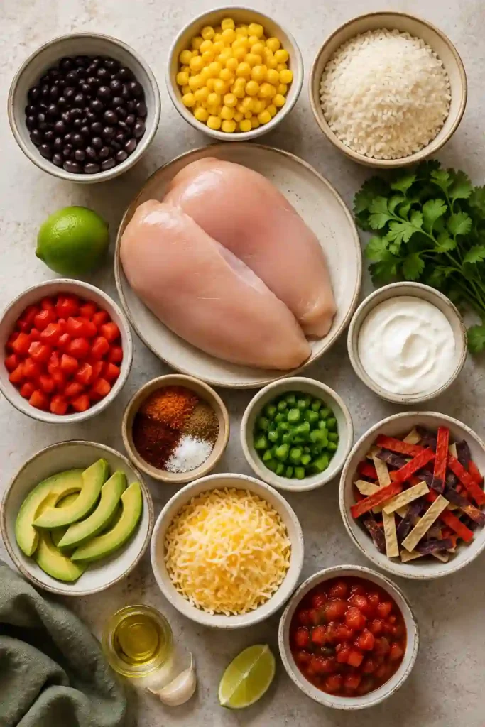 Close-up of homemade Southwest Chicken Rice Bowls with tender chicken, fluffy rice, black beans, sweet corn, peppers, cheese, cilantro, and tortilla strips. A delicious one-pan chicken dinner for the whole family.