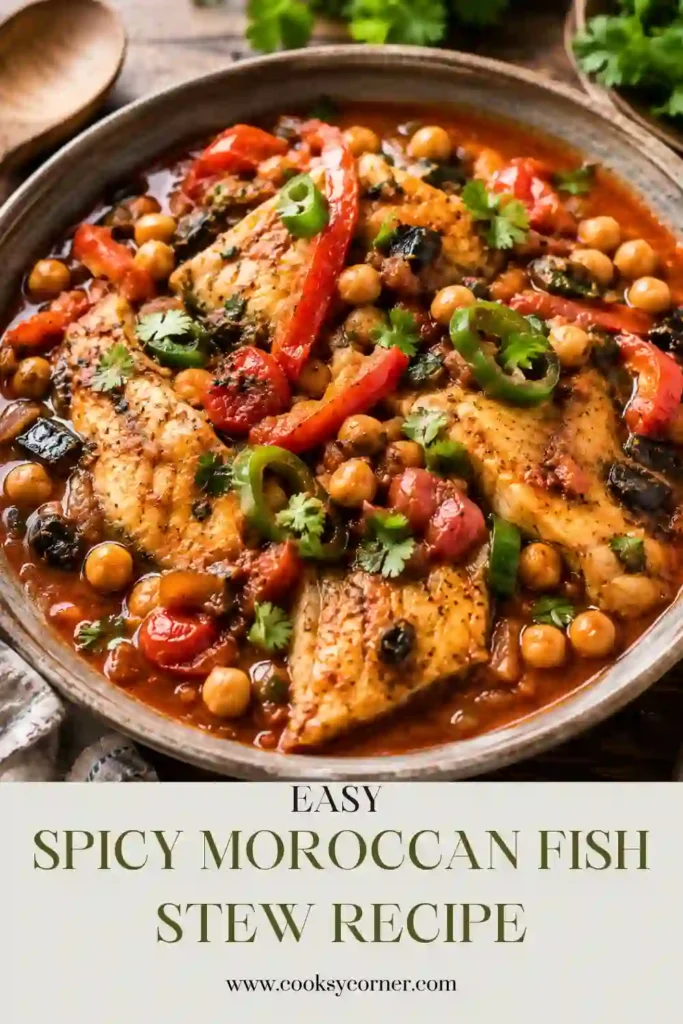 Homemade Moroccan fish stew featuring flaky fish in a rich tomato sauce with chickpeas and fresh herbs.