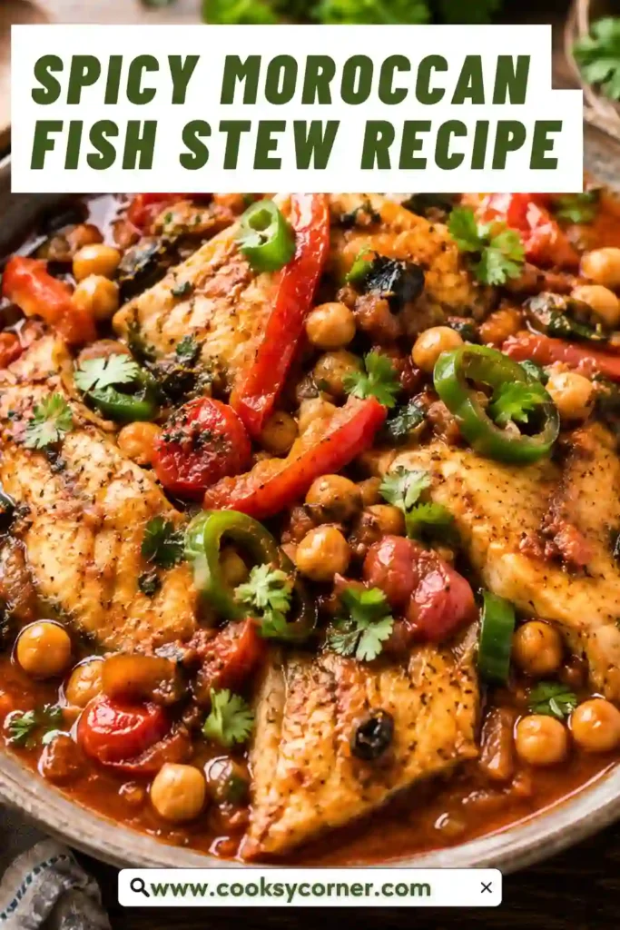 One-pot Spicy Moroccan Fish Stew garnished with cilantro and served with warm bread.