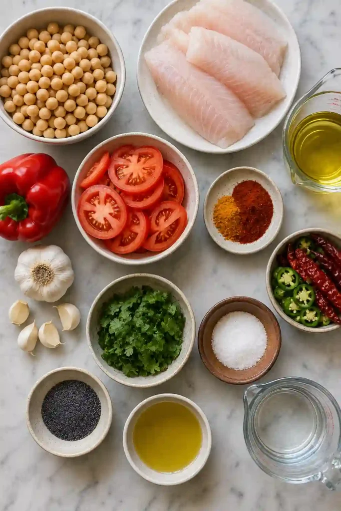 Healthy Moroccan fish stew with tomatoes, chickpeas, paprika, and turmeric in a flavorful broth.