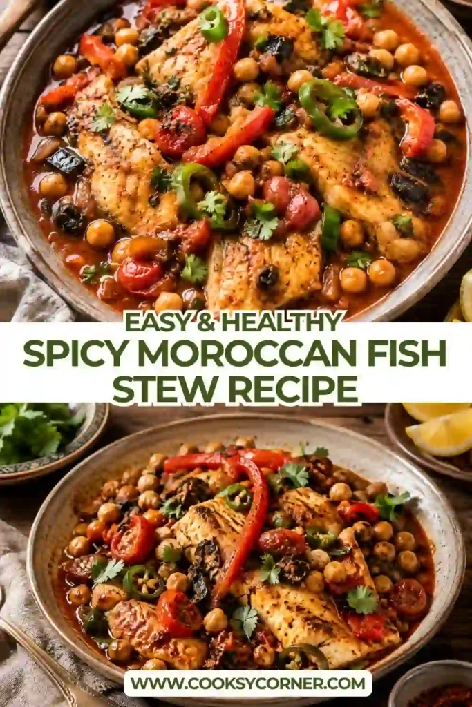 Spicy Moroccan Fish Stew with tilapia, chickpeas, tomatoes, garlic, and cilantro served in a rustic bowl.