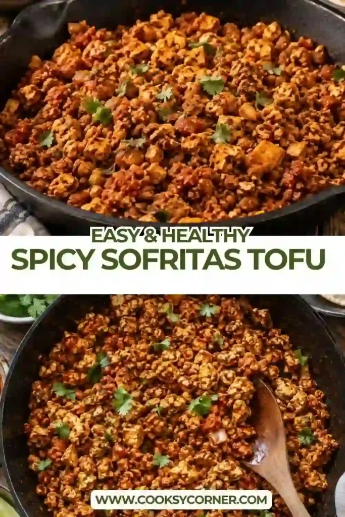 A bowl of spicy sofritas tofu served over fluffy rice with avocado, cilantro, and fresh lime. The smoky chipotle tofu is coated in a rich red sauce, making it a delicious vegan Mexican-inspired meal.