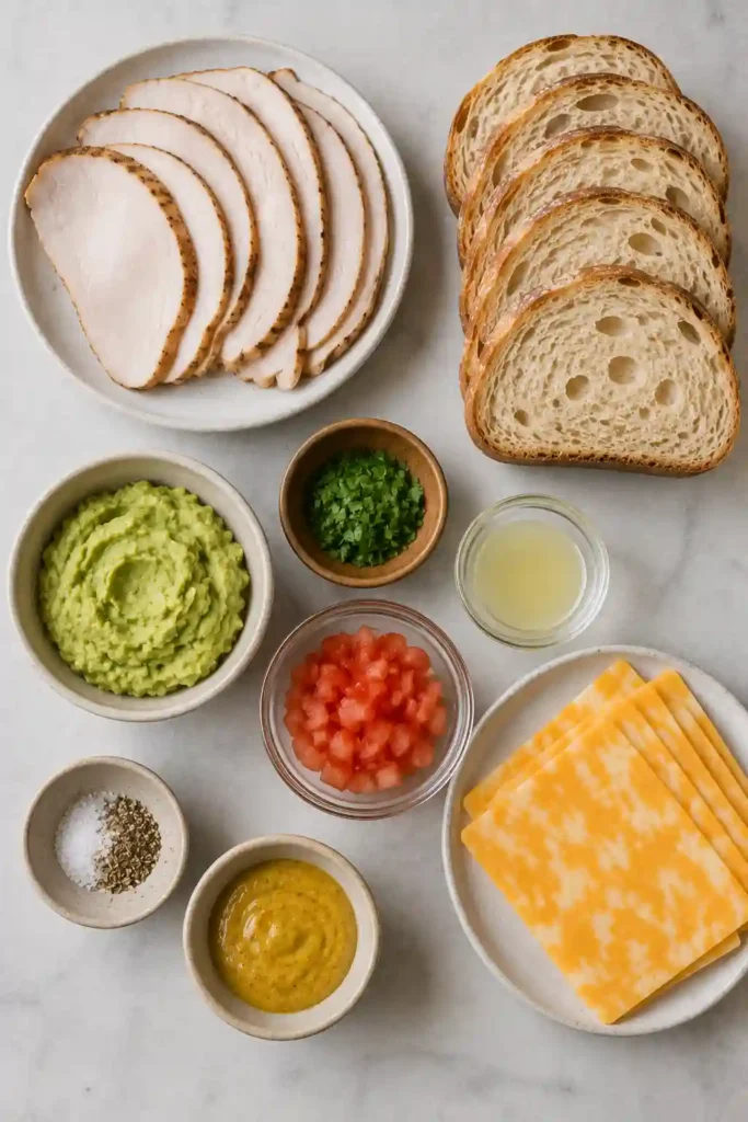 Spicy turkey sandwich made with toasted sourdough, oven-roasted turkey, Colby Jack, avocado, tomato, cilantro, lime, and spicy mustard. The warm panini has melted cheese and a crisp golden crust.