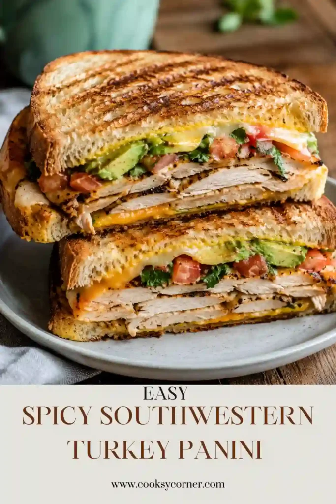 Golden turkey avocado panini filled with halal deli turkey, creamy avocado, fresh tomato, cilantro, and melted Colby Jack. Toasted sourdough gives the sandwich a crisp exterior.
