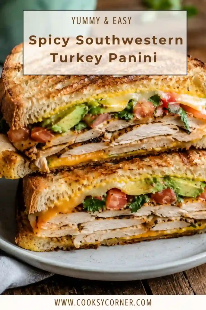 Spicy Southwestern Turkey Panini with sliced turkey, melted Colby Jack cheese, avocado, tomato, and spicy mustard. The sourdough bread is pressed until crisp and golden.
