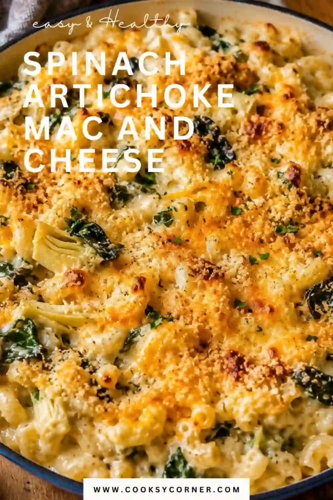 Cheesy spinach artichoke pasta made with Casarecce, mozzarella, Monterey Jack, and Parmesan. The creamy pasta is broiled until the cheese on top is lightly browned.