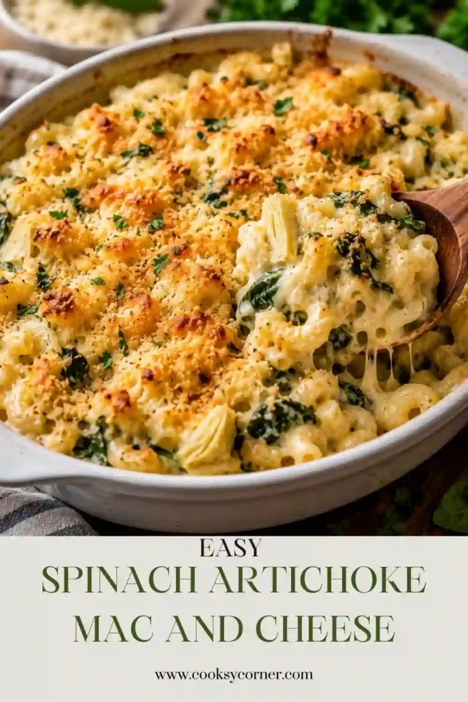 Homemade Spinach Artichoke Mac and Cheese served hot with creamy three-cheese sauce. Spinach and marinated artichoke hearts add color and savory flavor to the pasta.