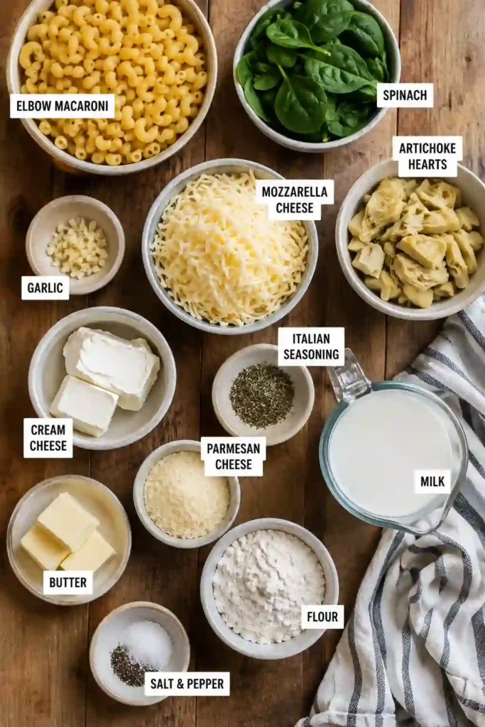 Creamy homemade mac and cheese with spinach and tender artichoke hearts in a rich garlic cheese sauce. Melted cheese creates a golden, bubbly finish on top.